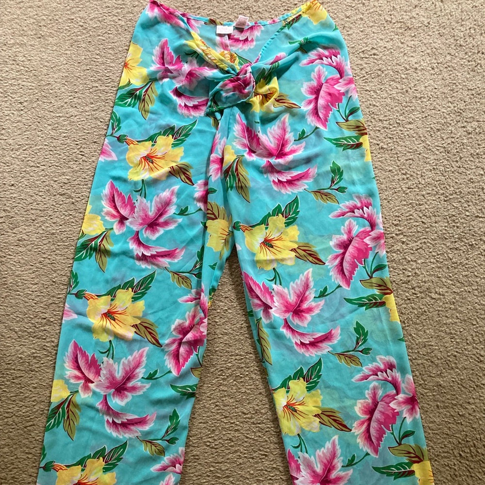 VTG Victoria’s Secret Sheer Tropical Floral Tie Front Flowy Sarong Like Pants, M